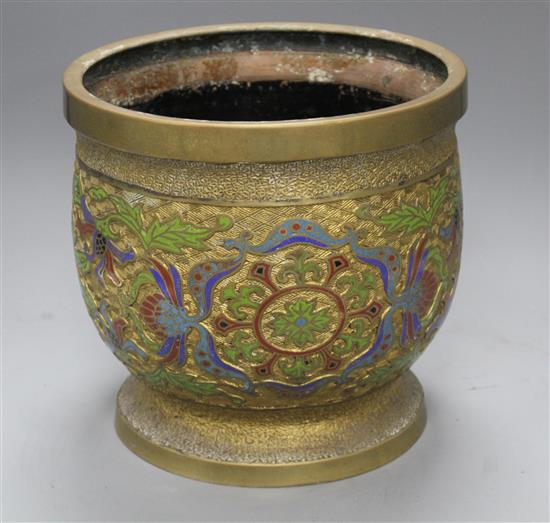 A Chinese champleve enamelled gilt metal jardiniere, height 26cm, diameter 26cm